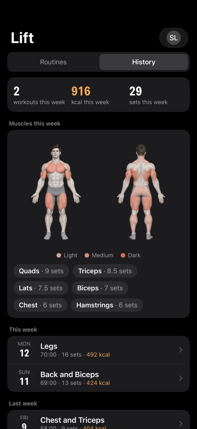 Lift history: this week's totals, a map of the muscles worked, and past workouts